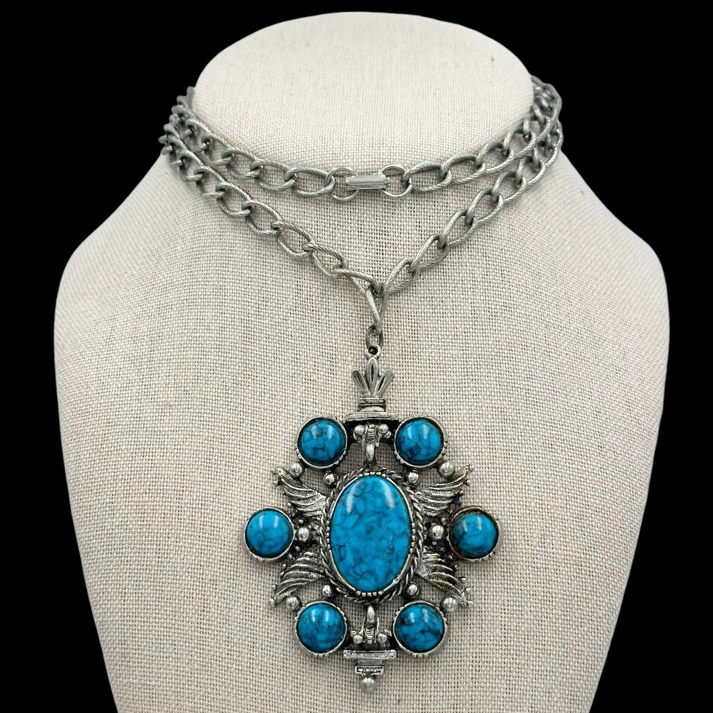 Vintage ART Arthur Pepper Blue Faux Turquoise Pendant Necklace - Silver Tone